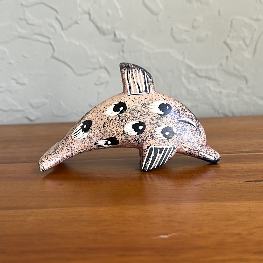 Handcrafted Dolphin‎ Sculpture - Black and Tan Stone Carved Trinket Art